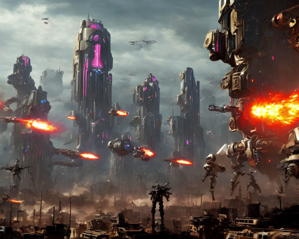 Futuristic cityscape with skyscrapers, flying vehicles, robots in chaotic battle.