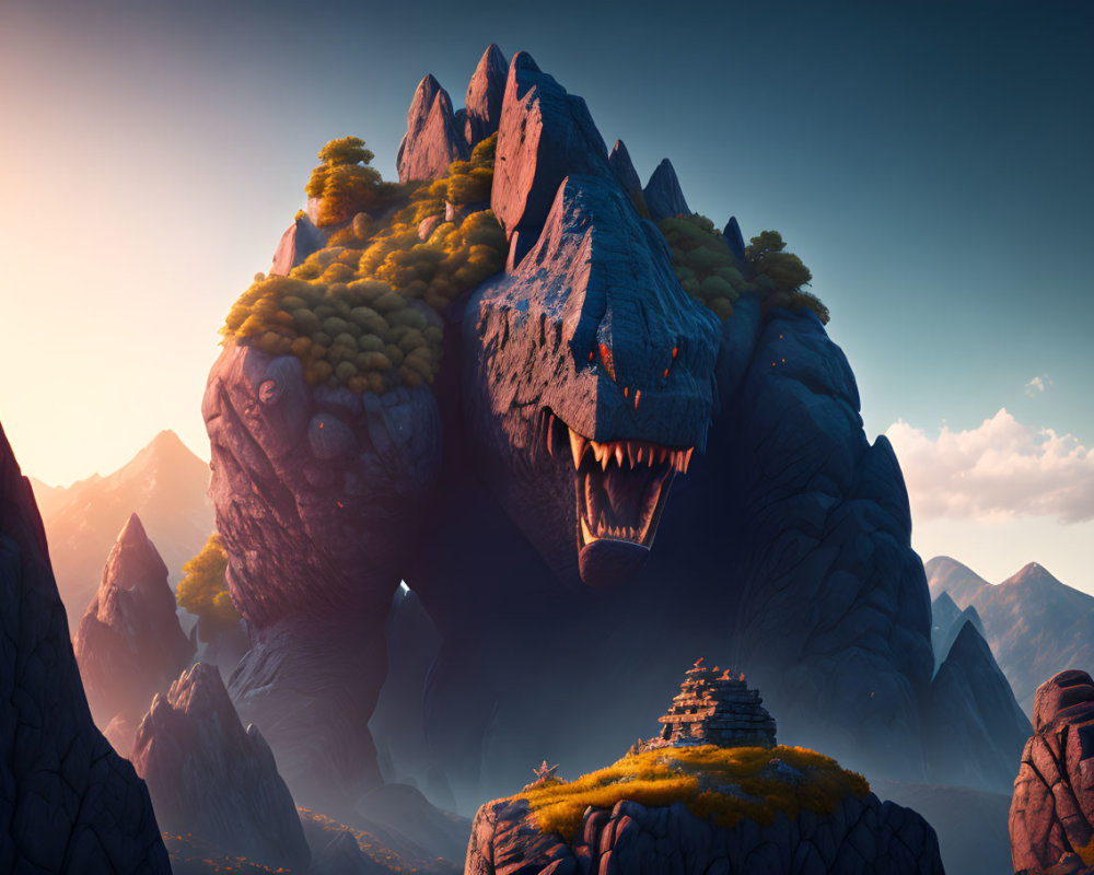 Gigantic stone creature with temple on its back in mountain landscape at sunset