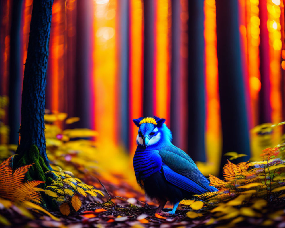 Colorful bird in mystical forest with fiery light