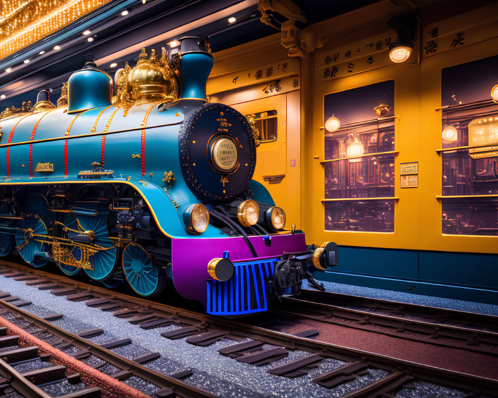 Blue and gold steam locomotive next to yellow passenger car under glowing lights