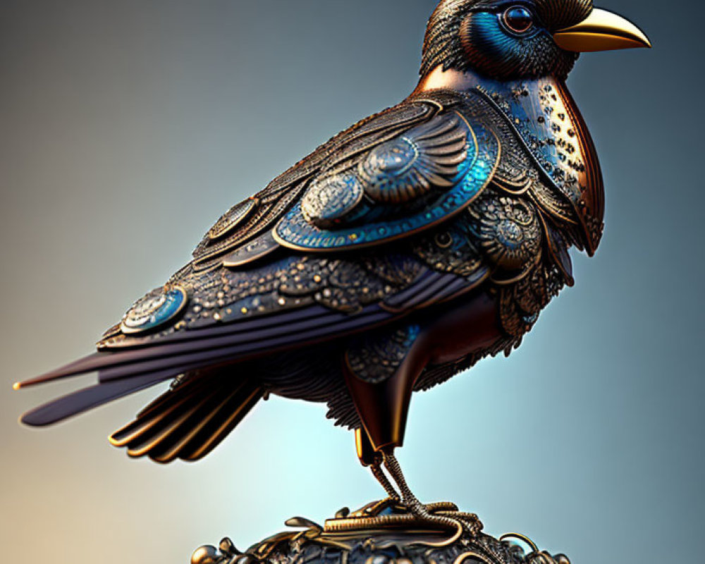 Detailed Ornate Mechanical Bird with Purple Crest on Embellished Base