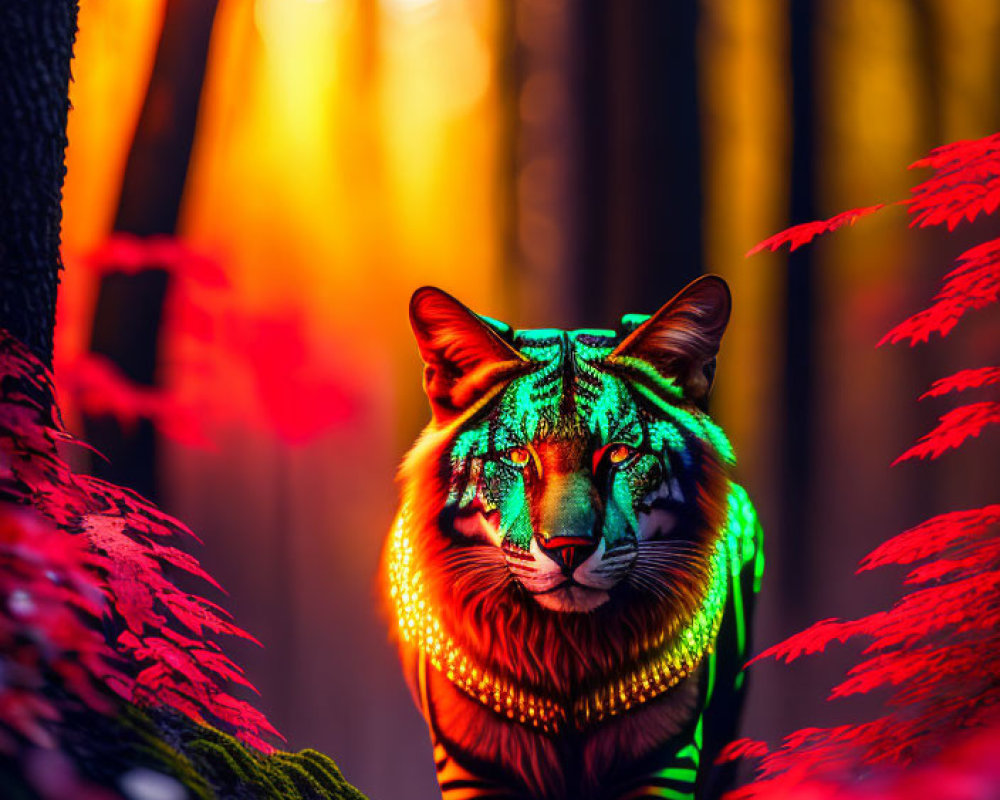 Vibrant tiger with green and red patterns in mystical forest