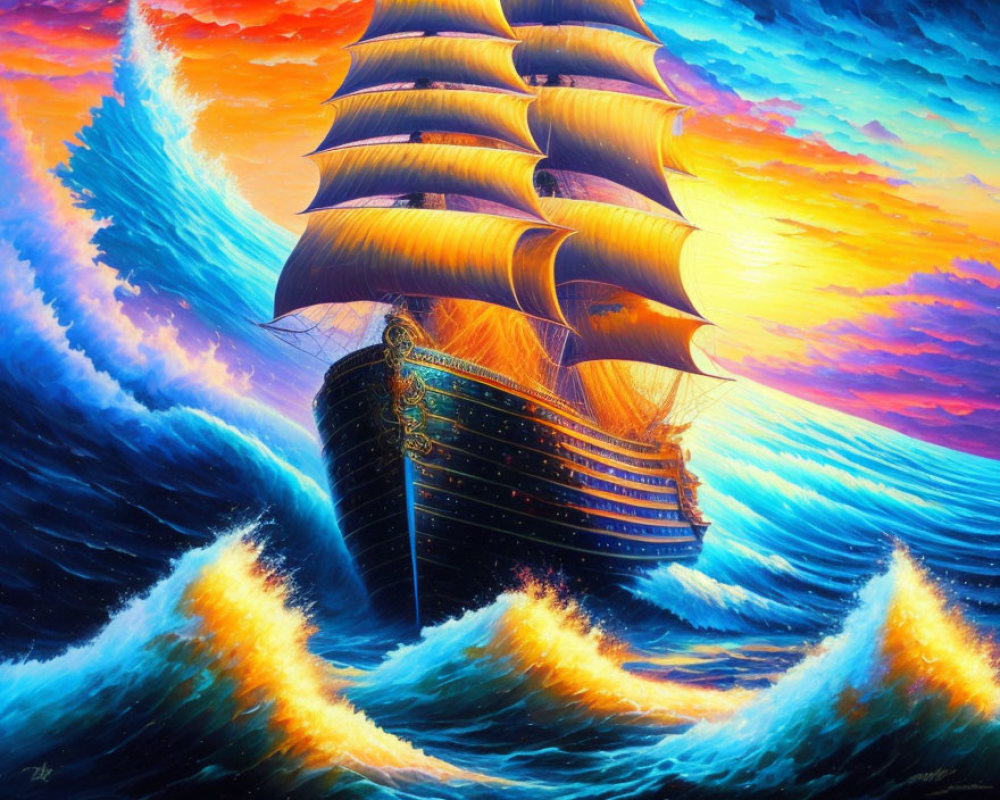 Colorful painting of grand sailing ship in high waves under dramatic sky