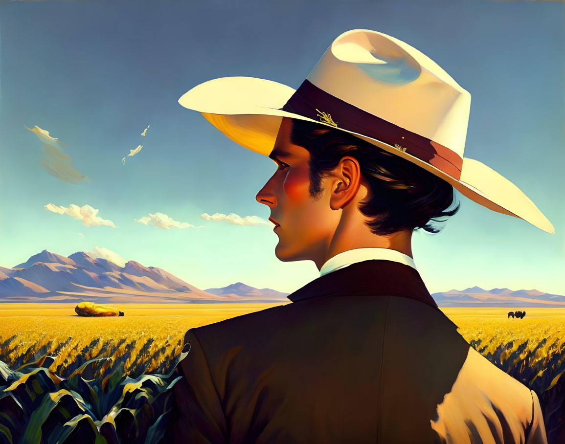 Person in Wide-Brimmed Hat Amid Fields, Mountains, and Sky