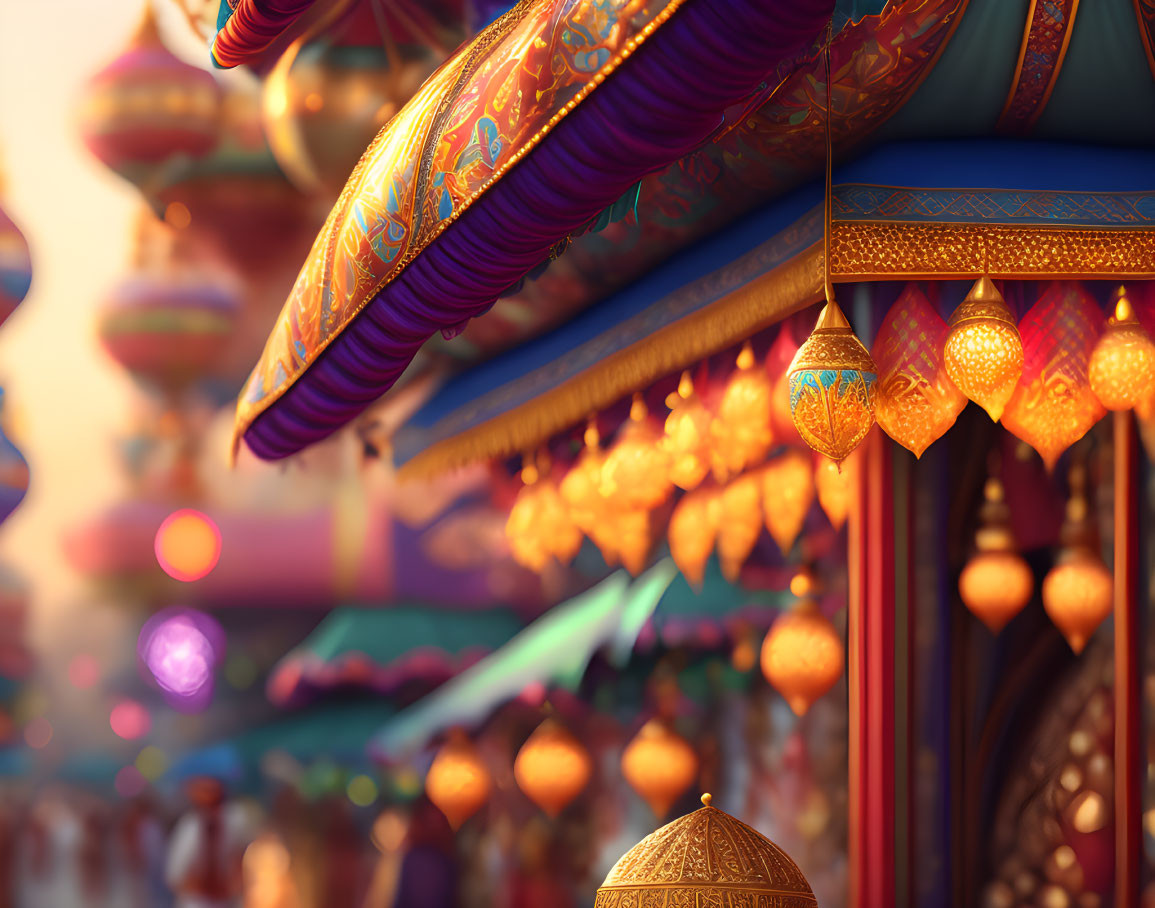 Colorful Lanterns and Fabrics in Vibrant Market Scene