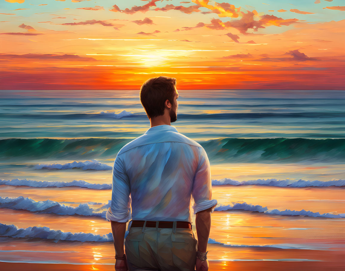 Man in shirt gazes at vibrant beach sunset.