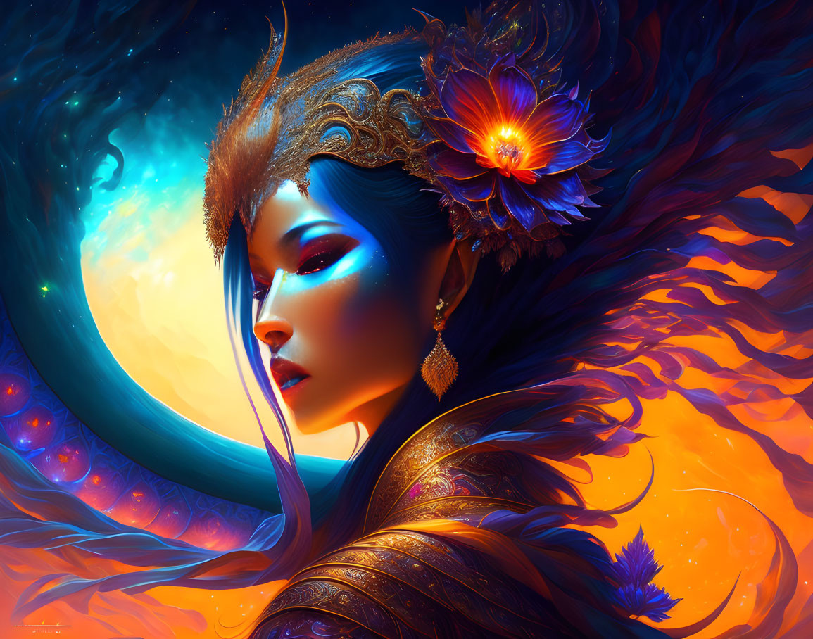 Fantasy female with blue skin and fiery orange hair against cosmic backdrop