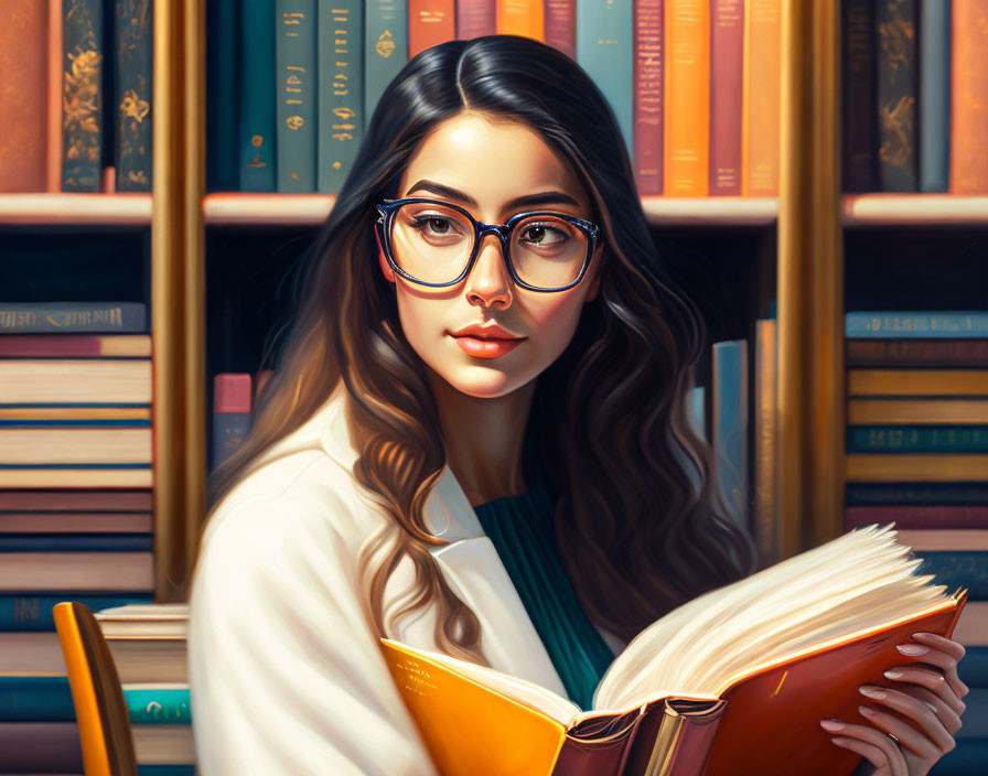 Woman with glasses reading book in library with colorful shelves