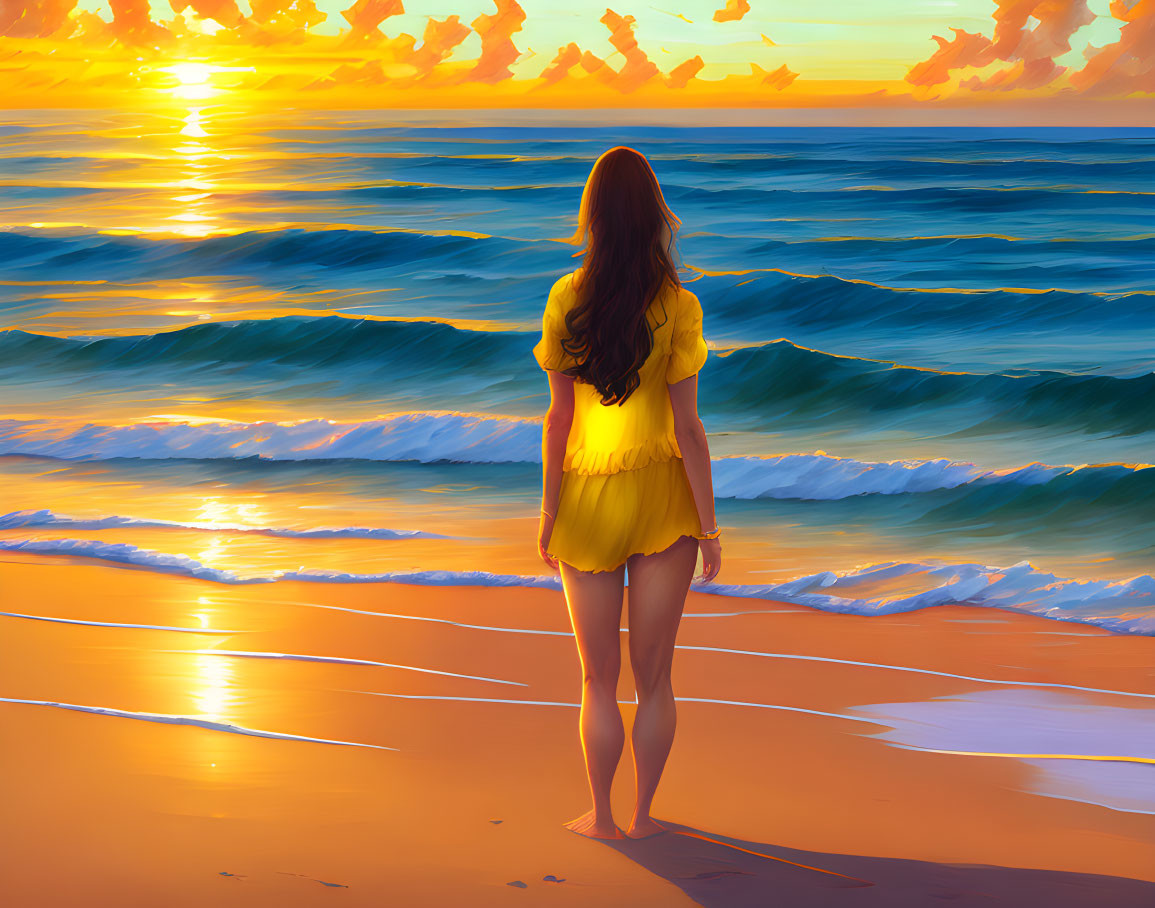 Woman in Yellow Dress Watching Sunset on Beach