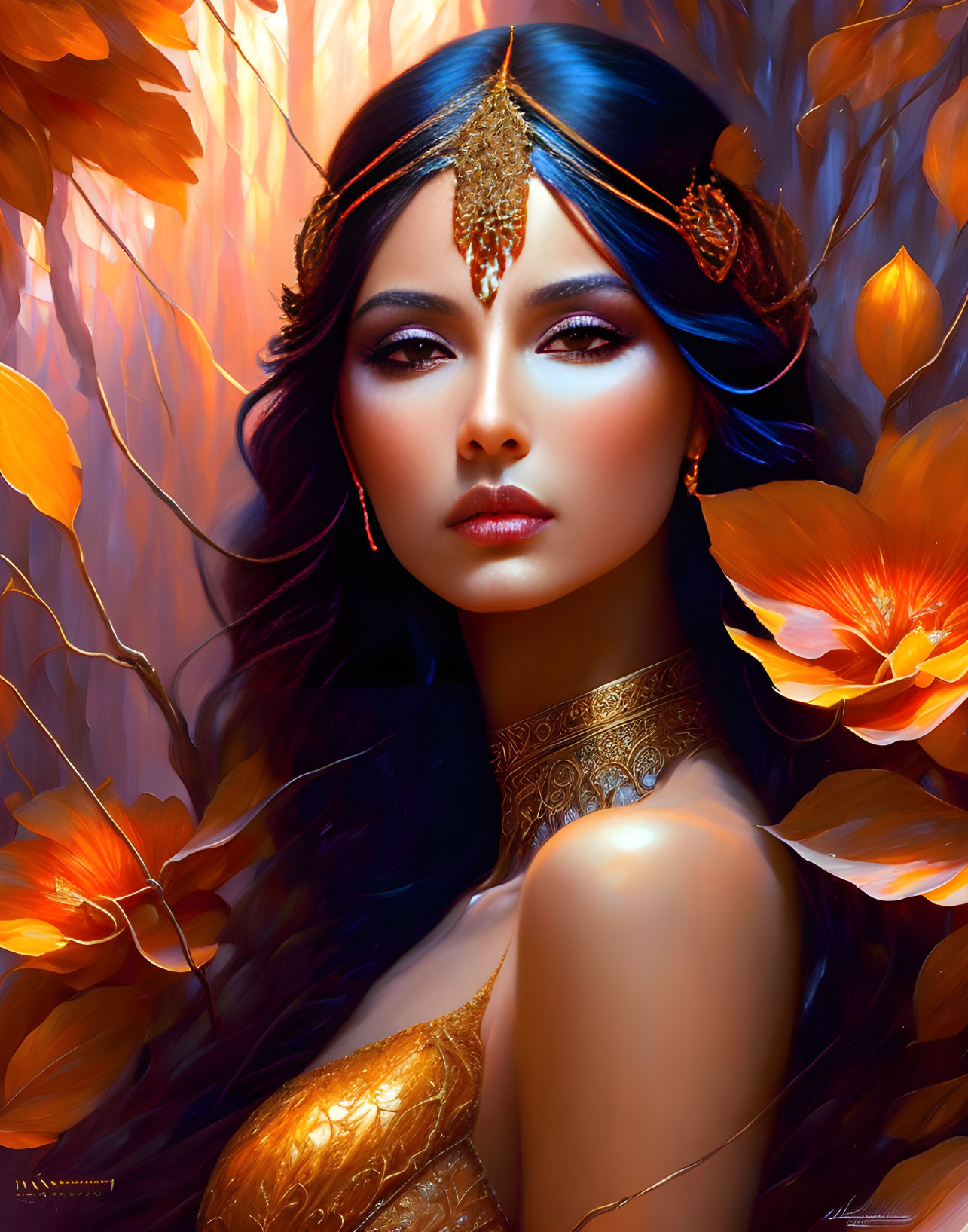 Woman with Striking Makeup and Golden Headpiece in Orange Leaf Backdrop