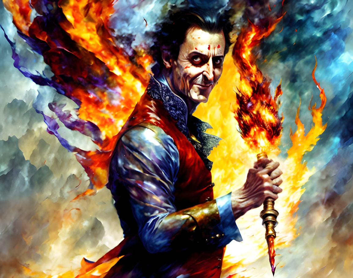 Fantastical painting of a man with a flaming dagger in swirling fire.