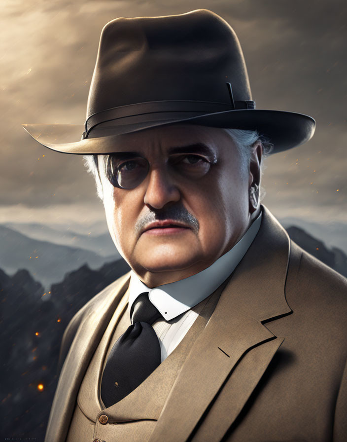 Digital artwork: Stern man with mustache in fedora hat and trench coat against mountainous backdrop with