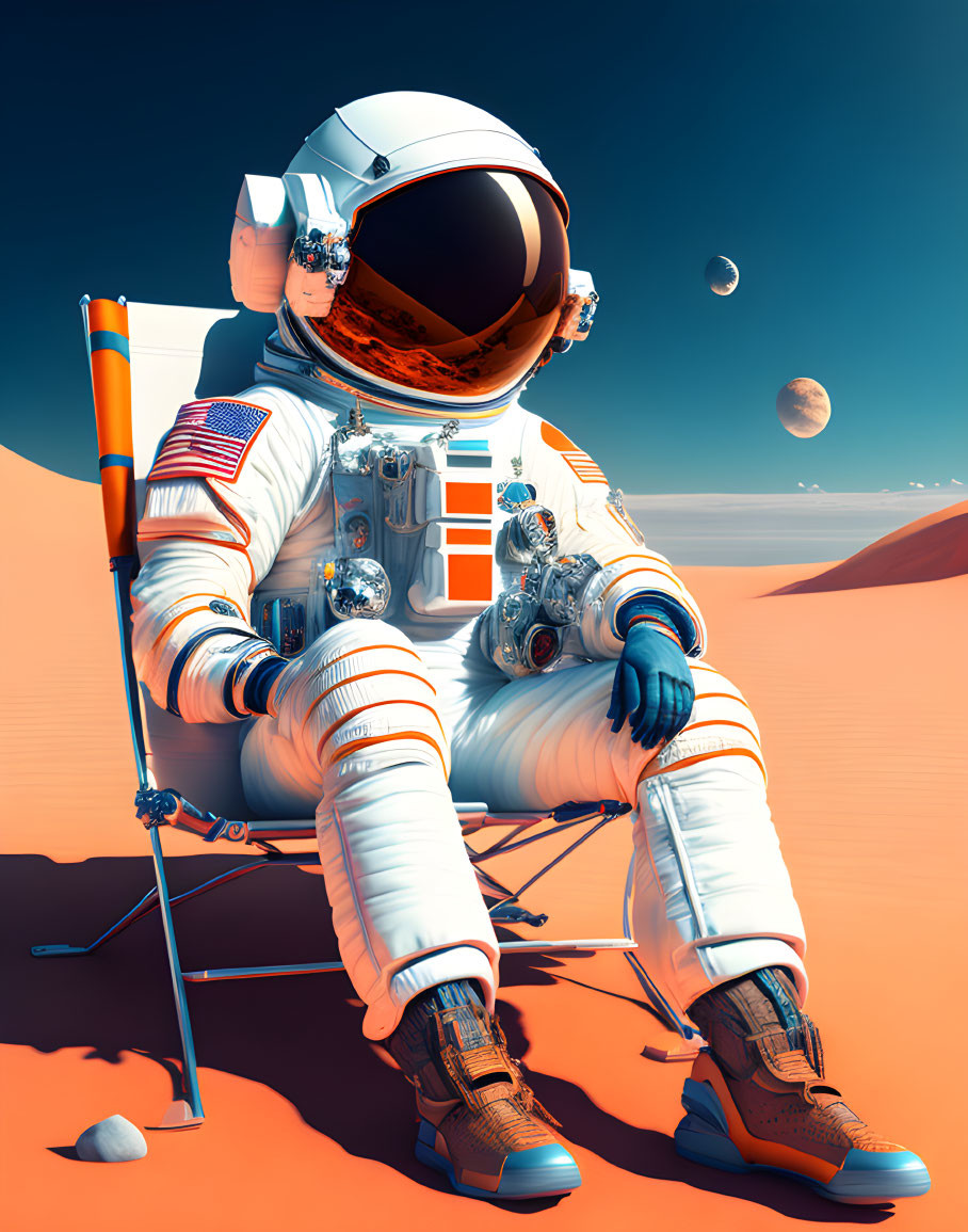 Astronaut in white spacesuit on Mars-like surface with Earth in sky