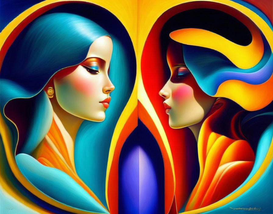 Vibrant surreal painting of two women with flowing hair and abstract shapes