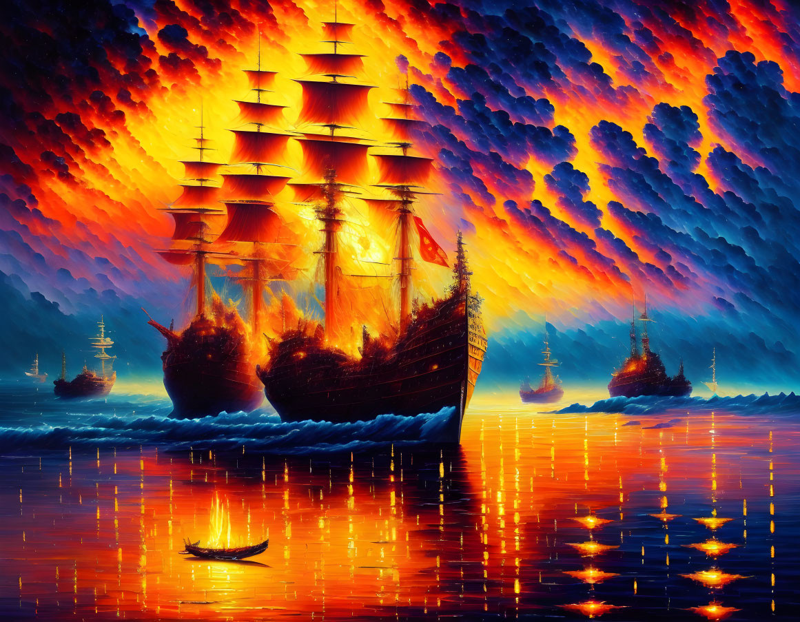 Majestic ships with billowing sails on fiery seas at sunset