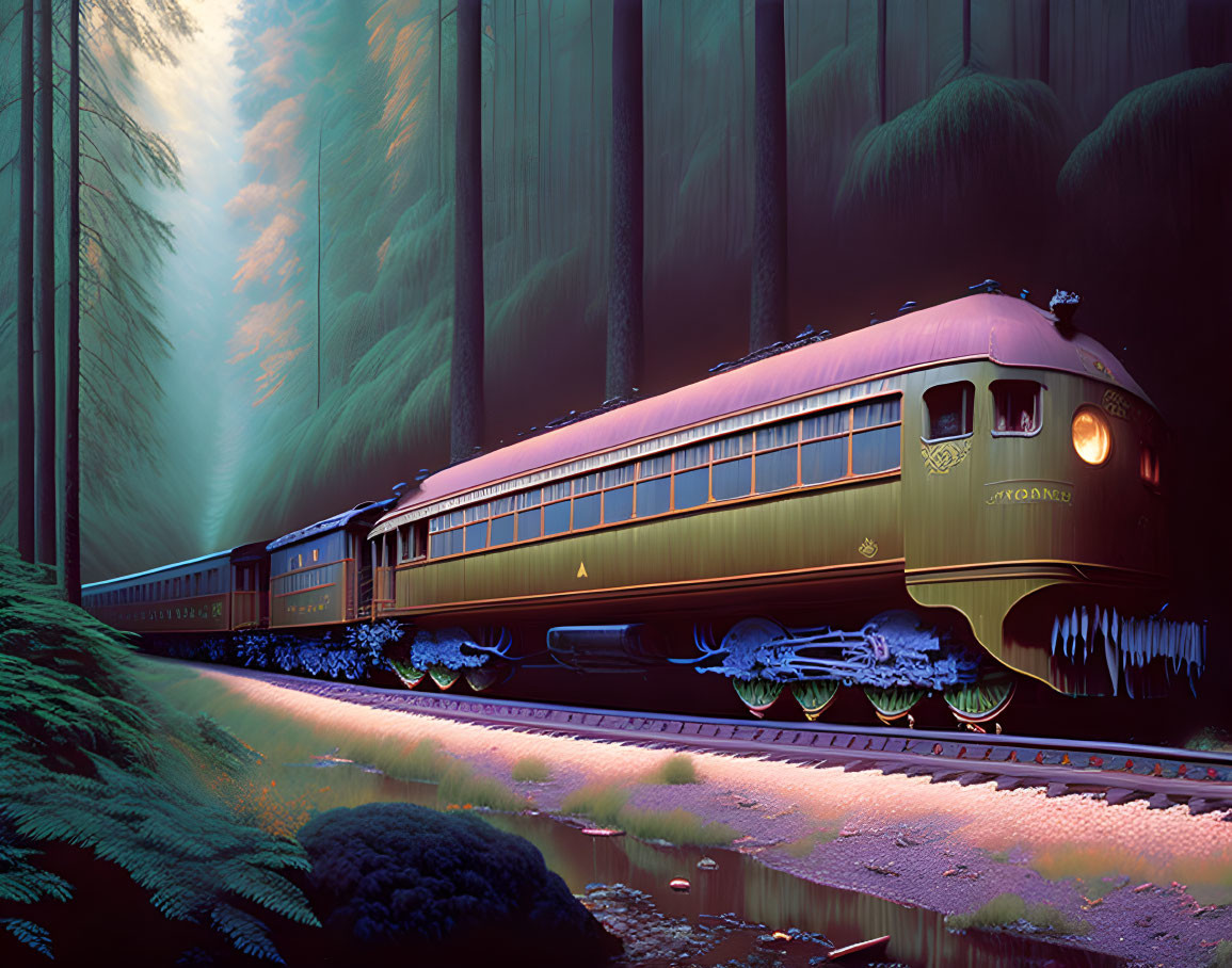 Vintage train in misty forest with tall trees and serene pond at twilight