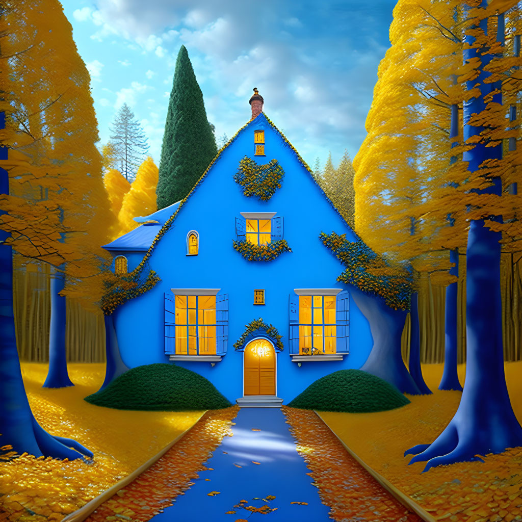 Vibrant blue house with yellow windows in autumn setting