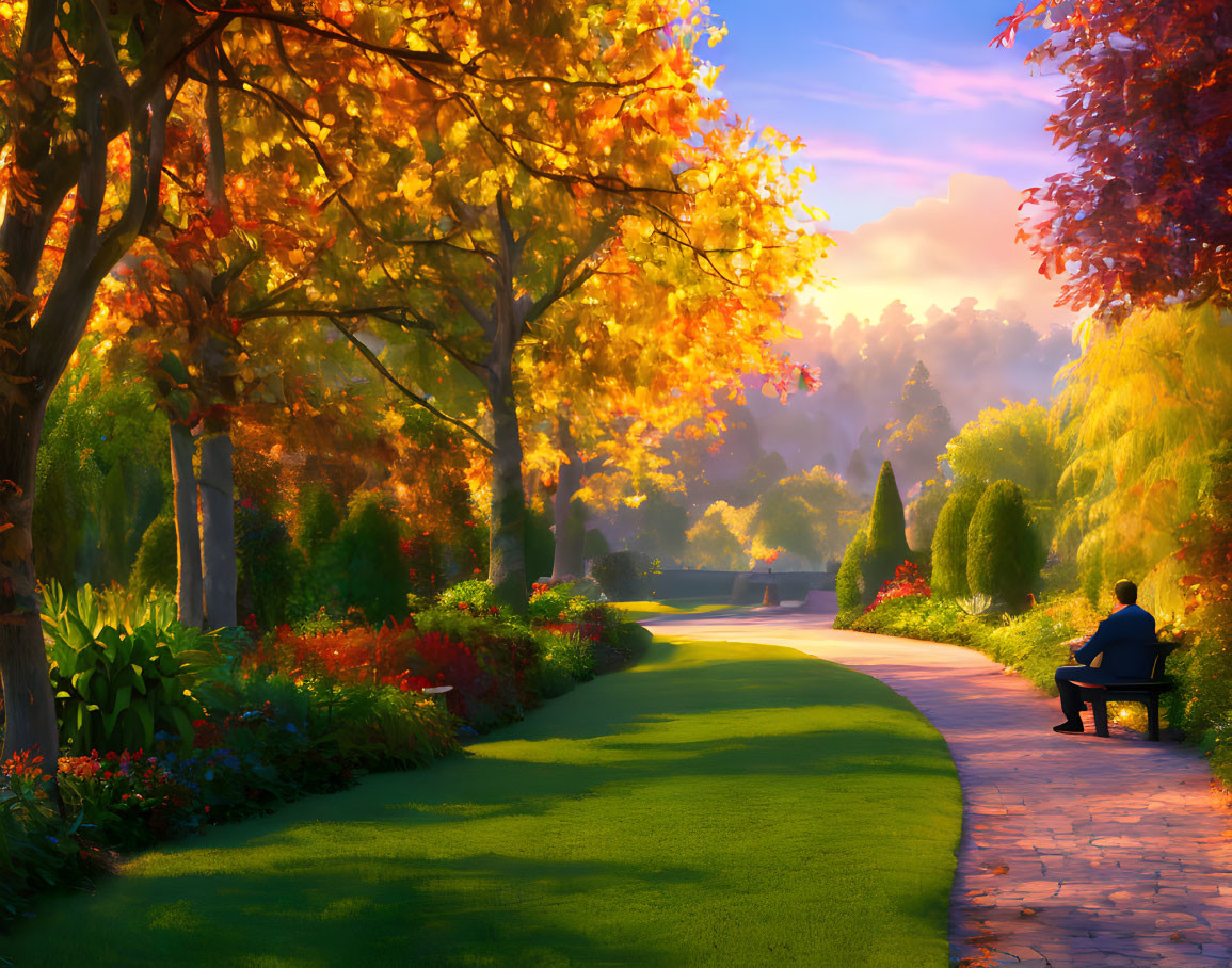 Tranquil Park Scene: Sunset, Autumn Leaves, Person on Bench