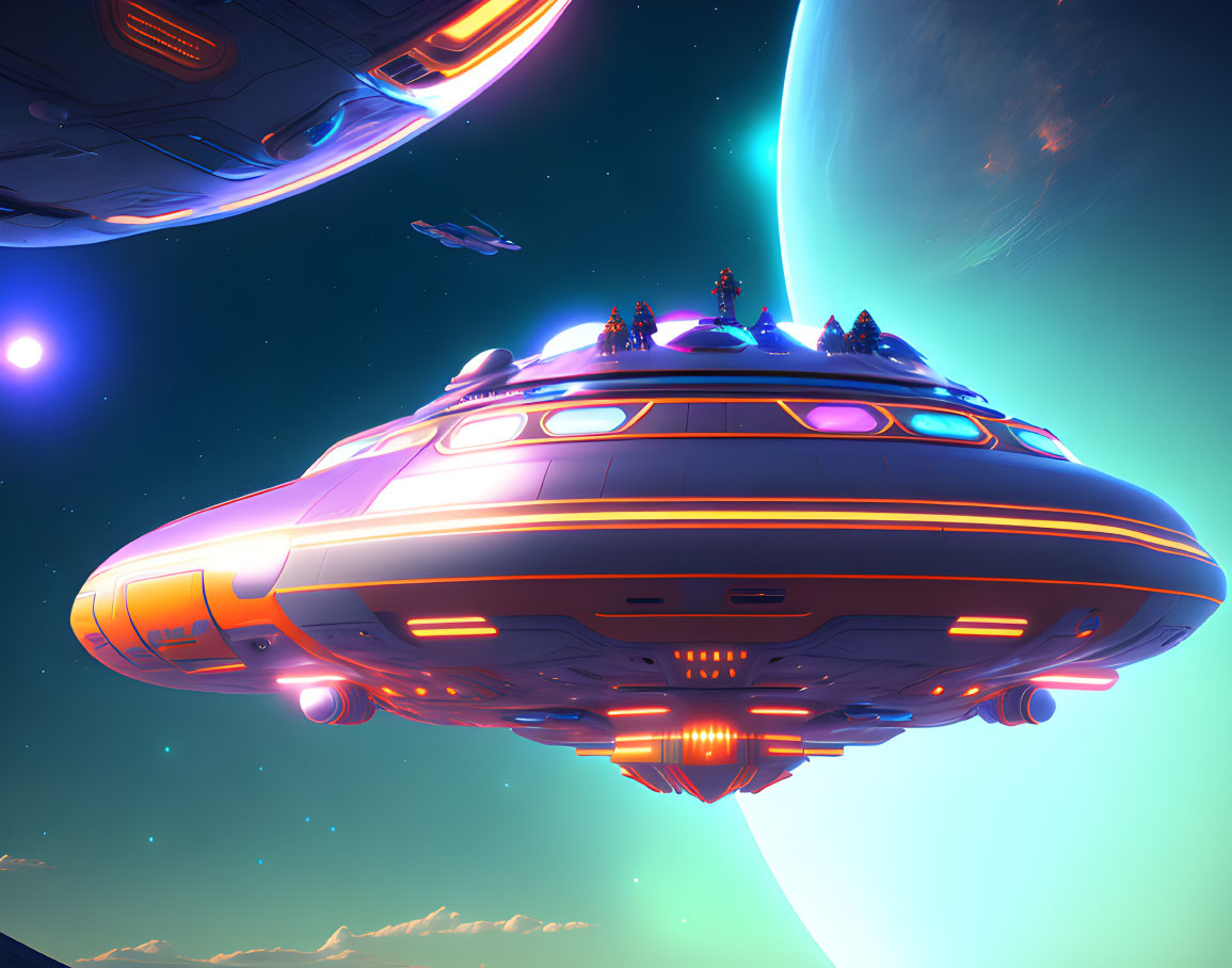 Futuristic spaceship in orange and blue hues flying in outer space