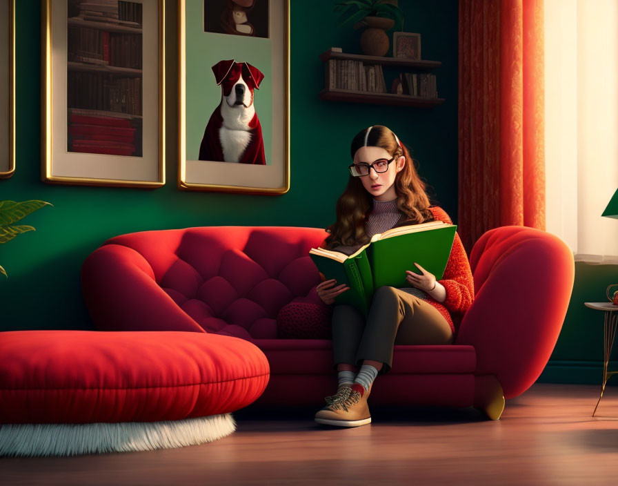 Woman reading book on red couch in cozy room with bookshelves