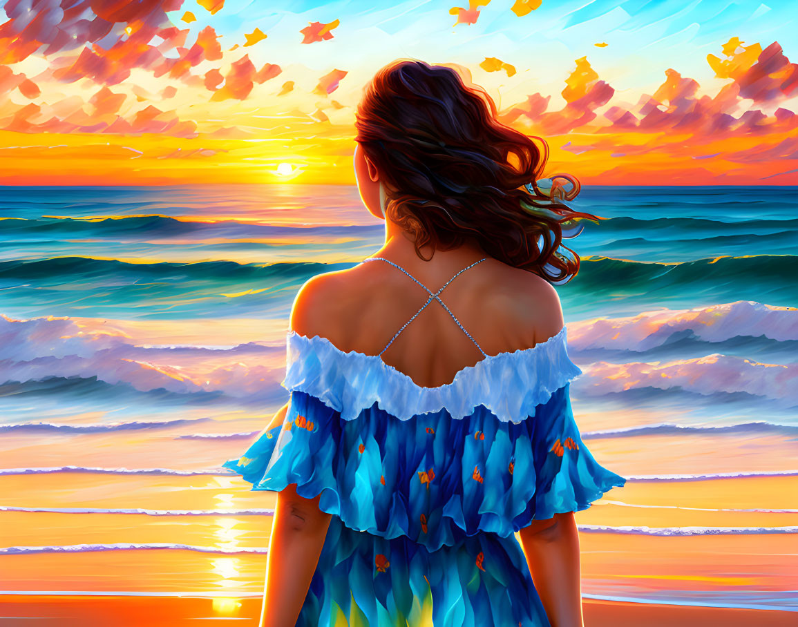 Woman in Blue Dress Admiring Sunset over Vibrant Ocean