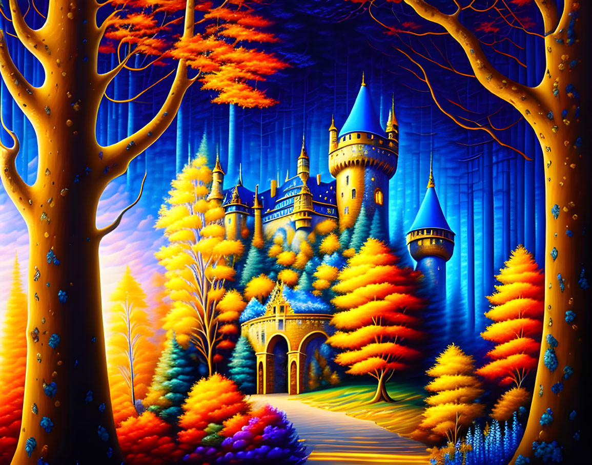 Illustration of fairy-tale castle in autumnal setting