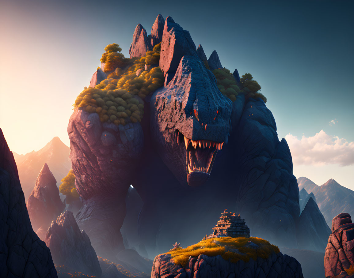 Gigantic stone creature with temple on its back in mountain landscape at sunset