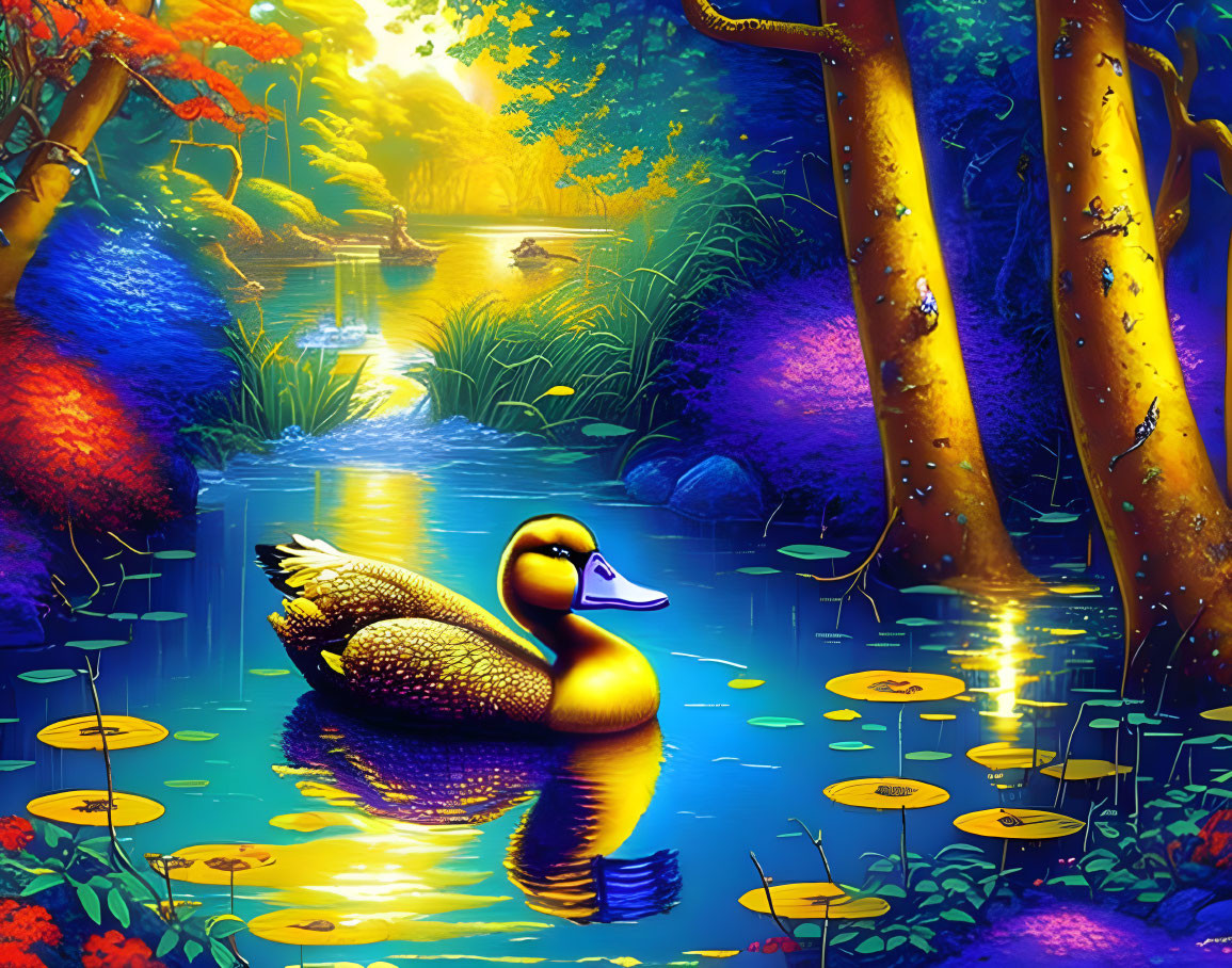 Colorful digital art: Golden duck in surreal pond with lush flora