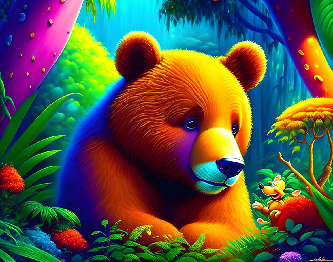 Colorful digital artwork: Red-orange bear in lush forest