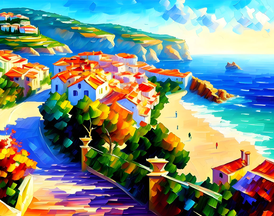 Vibrant coastal village painting with white houses, blue sea, sandy beach, and lush greenery