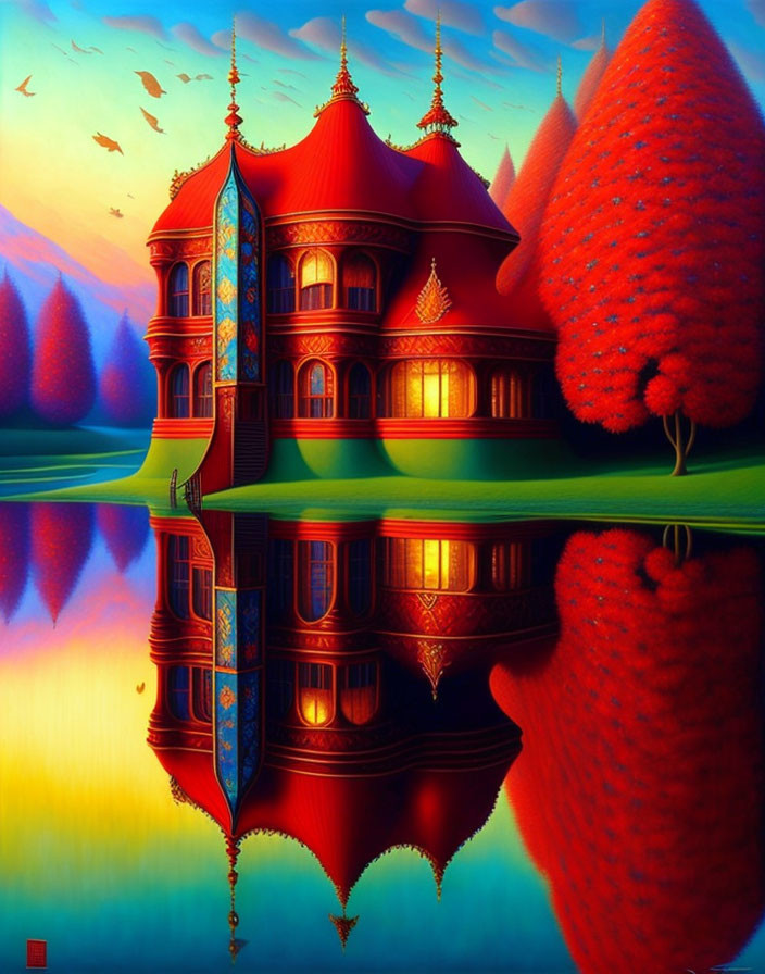 Surrealist painting of ornate red house reflected in water