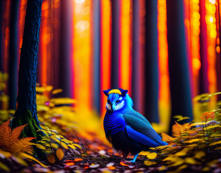 Colorful bird in mystical forest with fiery light