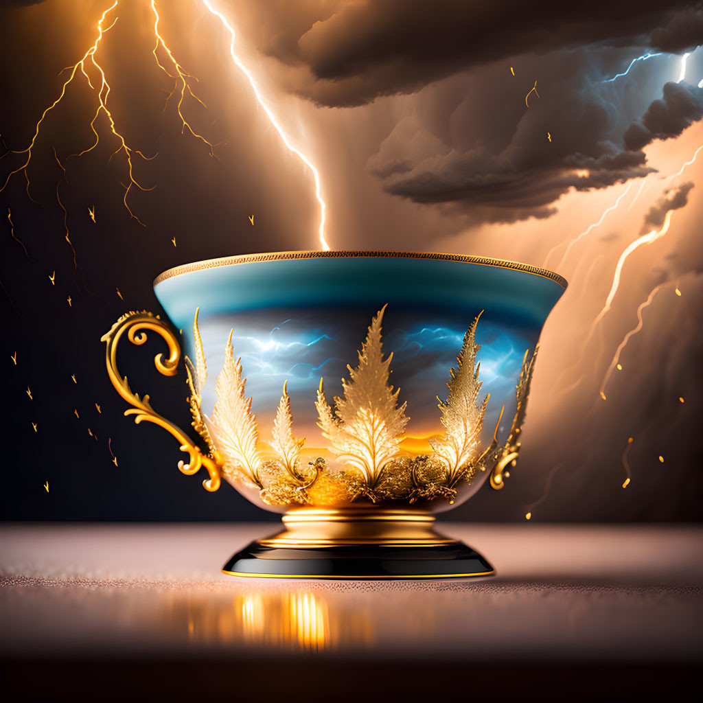 Golden Cup Illuminated by Lightning Storm Sky