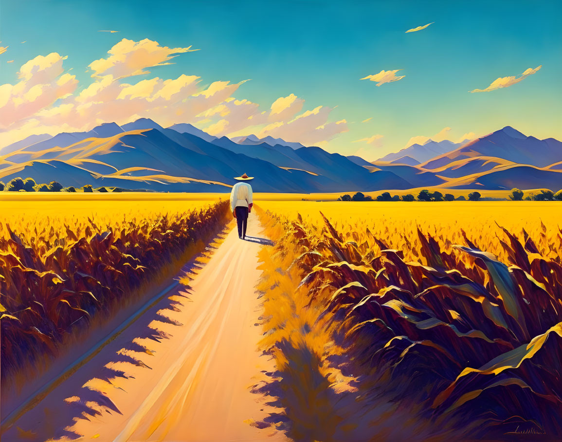 Scenic Wheat Field with Mountains and Blue Sky