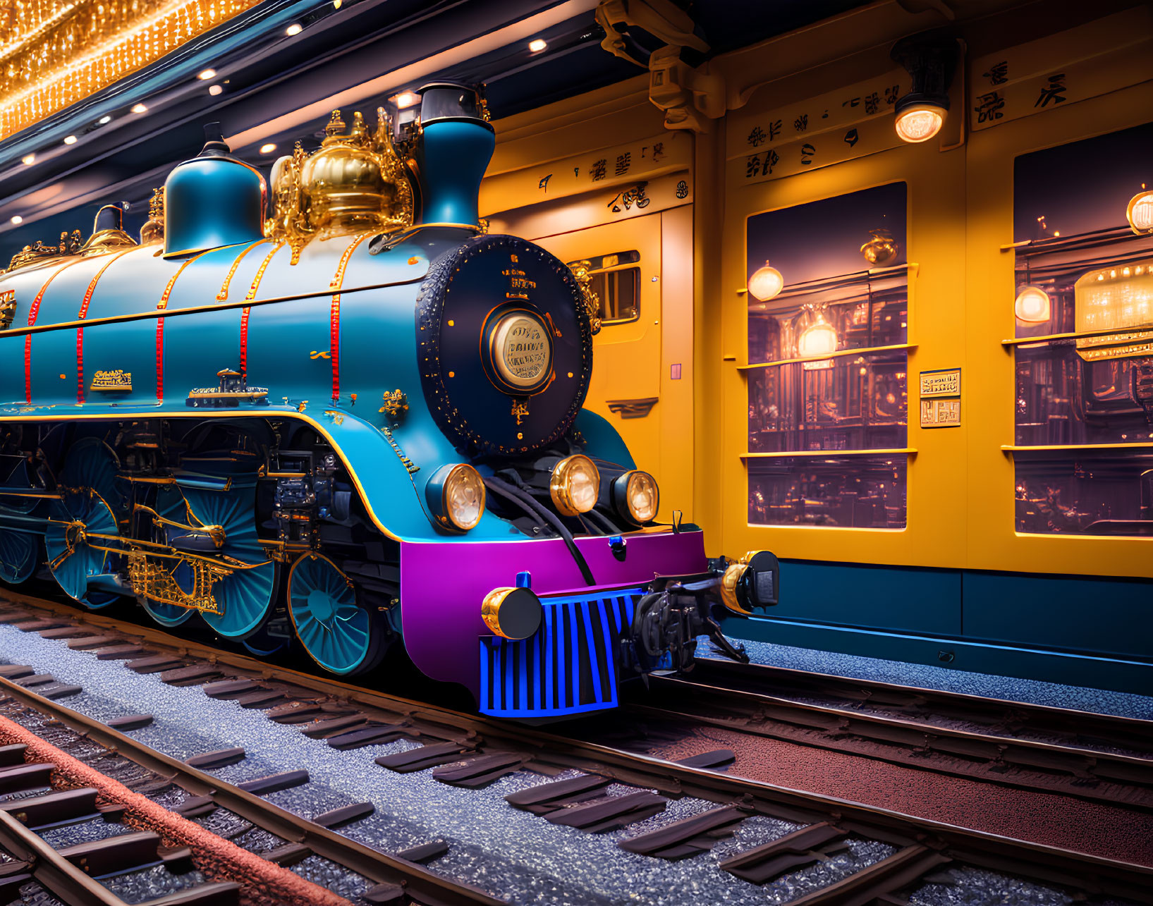 Blue and gold steam locomotive next to yellow passenger car under glowing lights