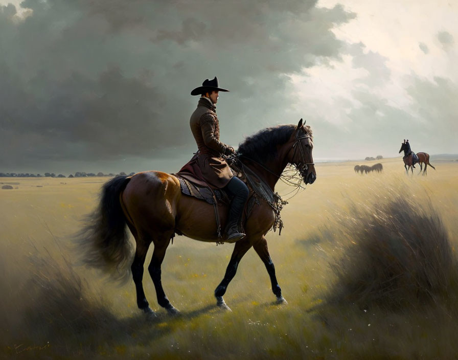 Equestrian in hat and coat riding bay horse in open field with distant figures under cloudy sky