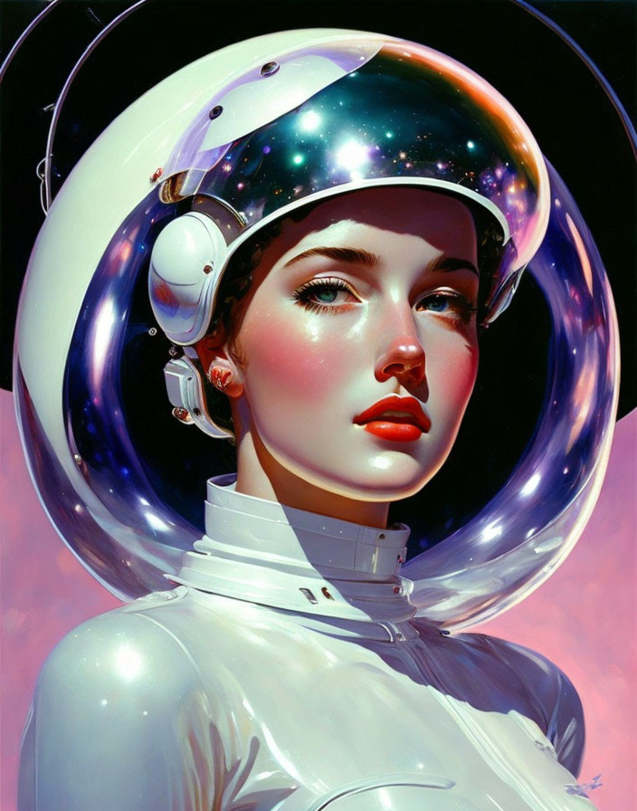 Futuristic digital artwork of woman in astronaut helmet with galaxy reflection on pink backdrop