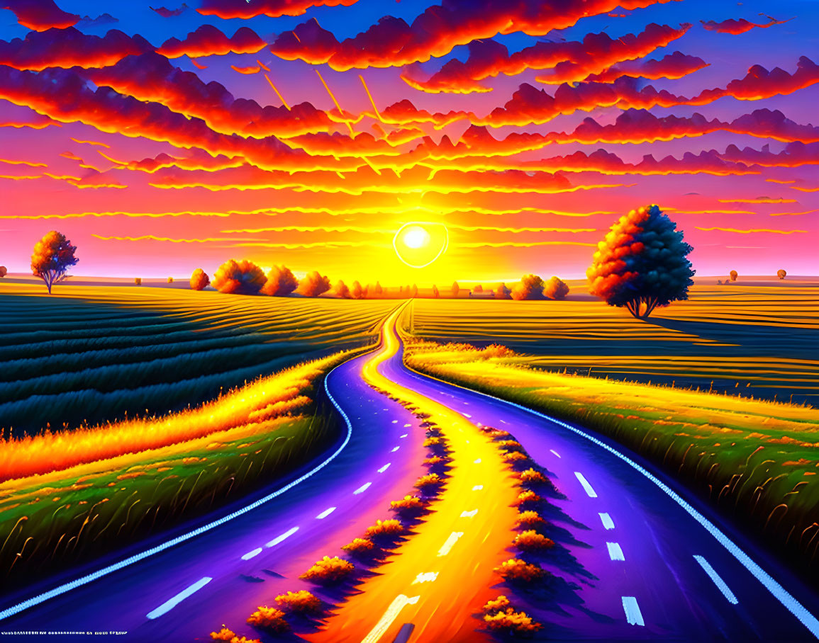 Colorful landscape: curvy road, fields, dramatic sunset sky