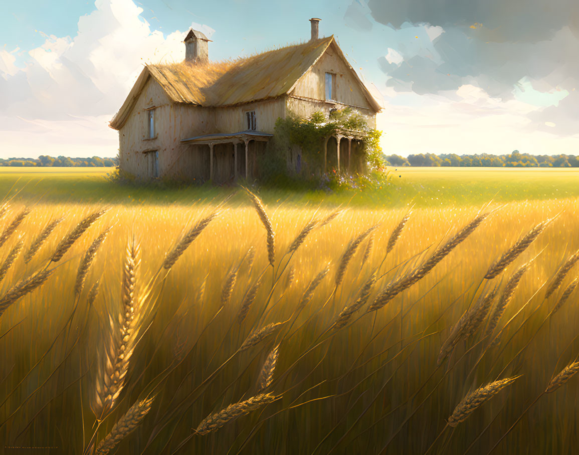 Weathered house in golden wheat field under cloudy sky with sunlight filtering through