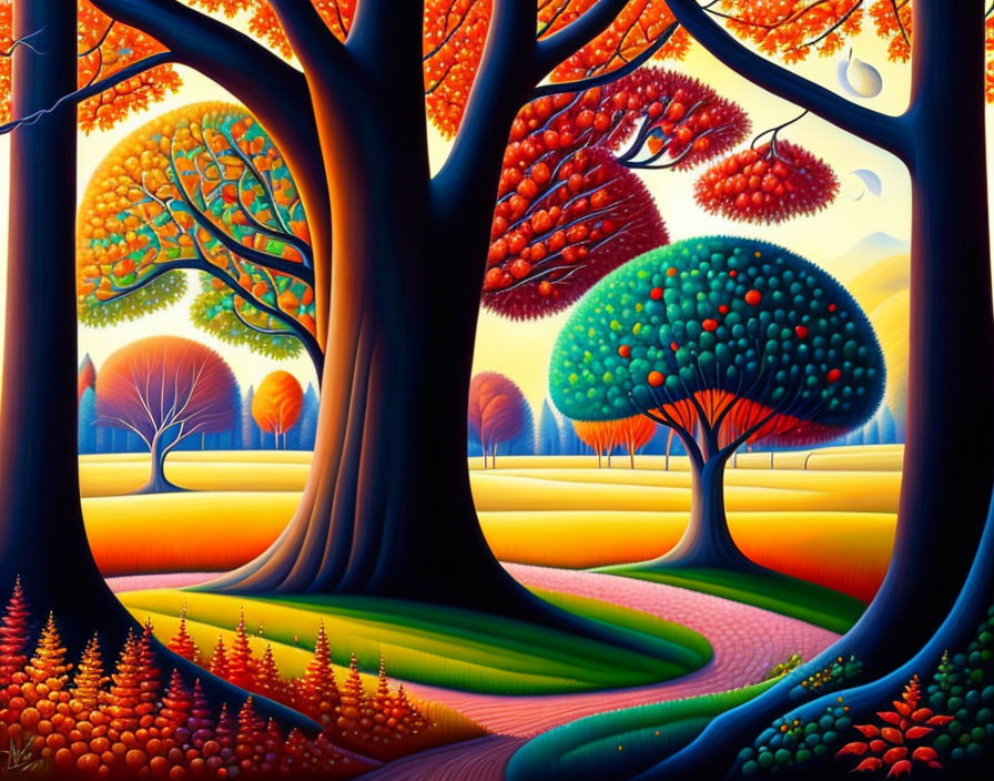 Colorful surreal landscape with autumn trees, winding path, and dreamlike atmosphere