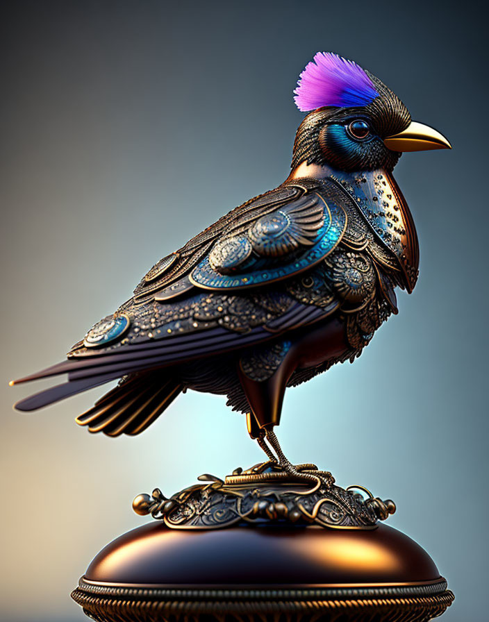 Detailed Ornate Mechanical Bird with Purple Crest on Embellished Base