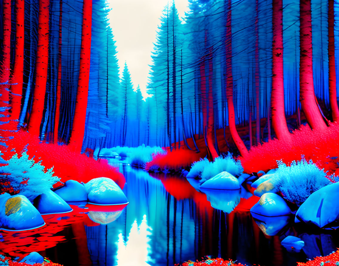 Vibrant surreal forest with blue trees and red foliage