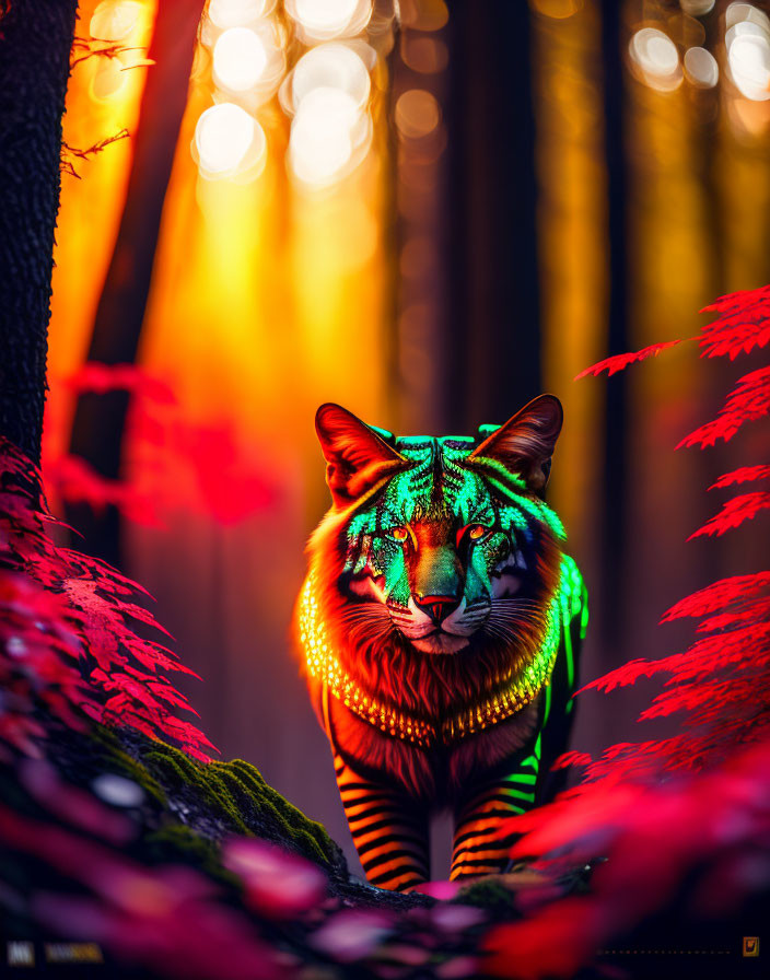 Vibrant tiger with green and red patterns in mystical forest