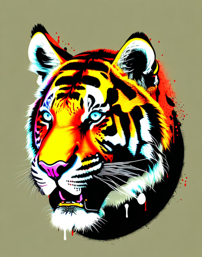 Colorful Tiger Face Illustration with Paint Splatter Effect