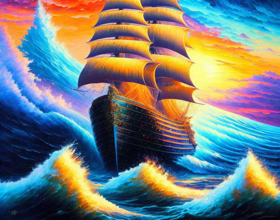 Colorful painting of grand sailing ship in high waves under dramatic sky