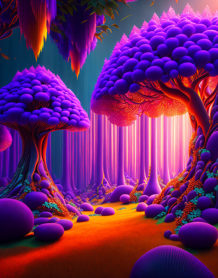 Colorful Fantasy Forest with Purple Trees and Luminous Pink Beams