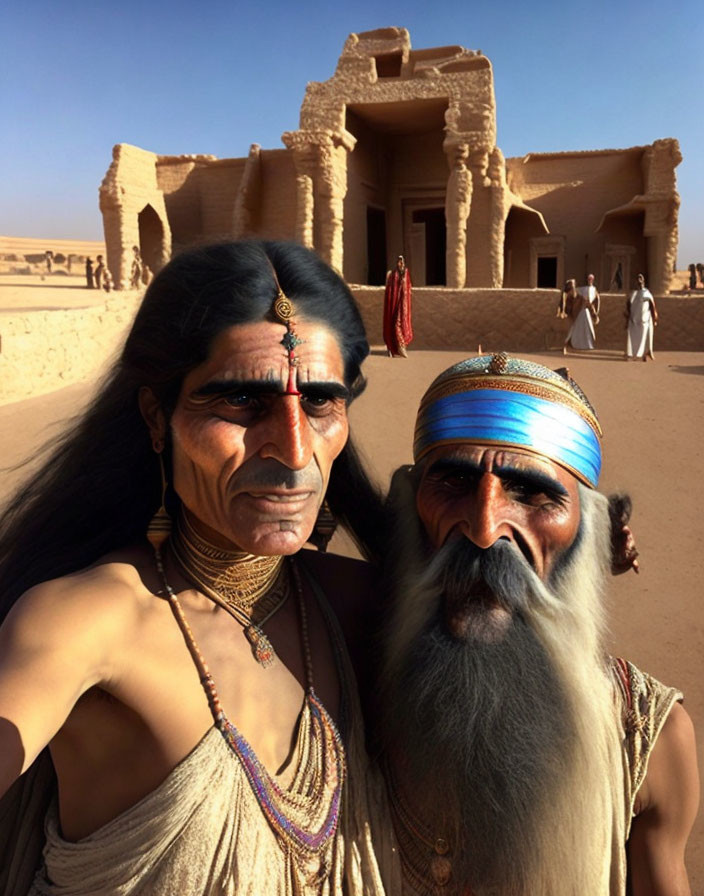 Traditional Attire in Front of Desert Temple