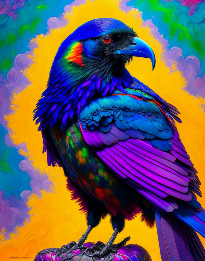 Colorful Raven Artwork with Blues, Purples, and Rainbow Hues