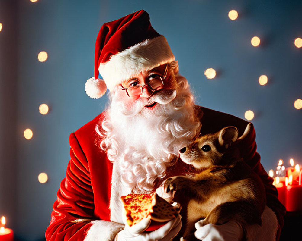 Festive Santa Claus with Pizza and Kangaroo in Candlelit Room