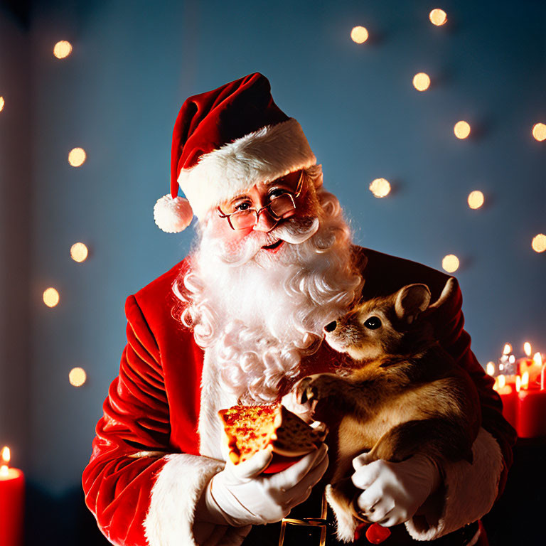 Festive Santa Claus with Pizza and Kangaroo in Candlelit Room